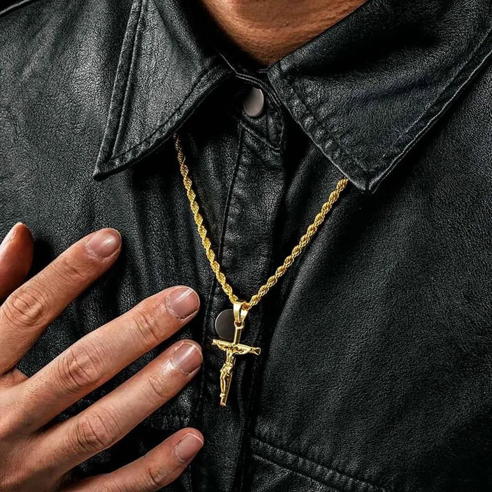 💫 Men Gold Crucifix Cross Necklace 18K Plated Cross Pendant Rope Chain Jewelry